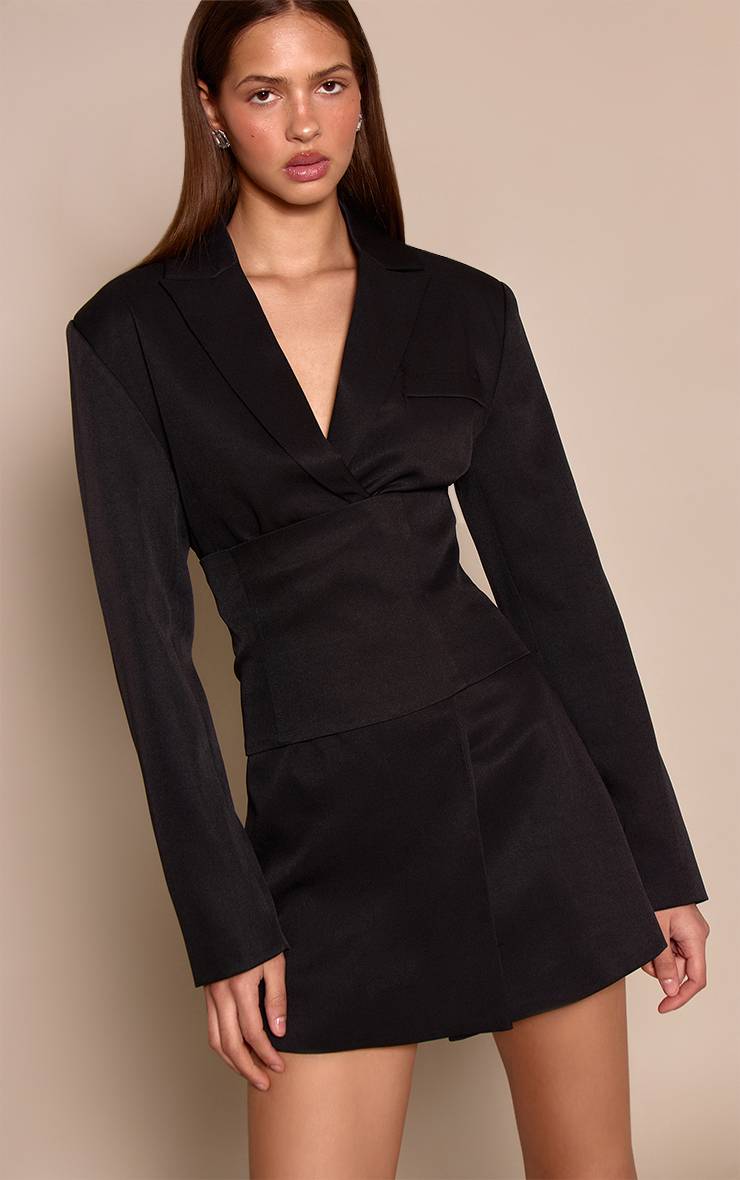 Noir Robe Blazer À Superposition De Corset Baleiné Ajusté En Tissu Tissé