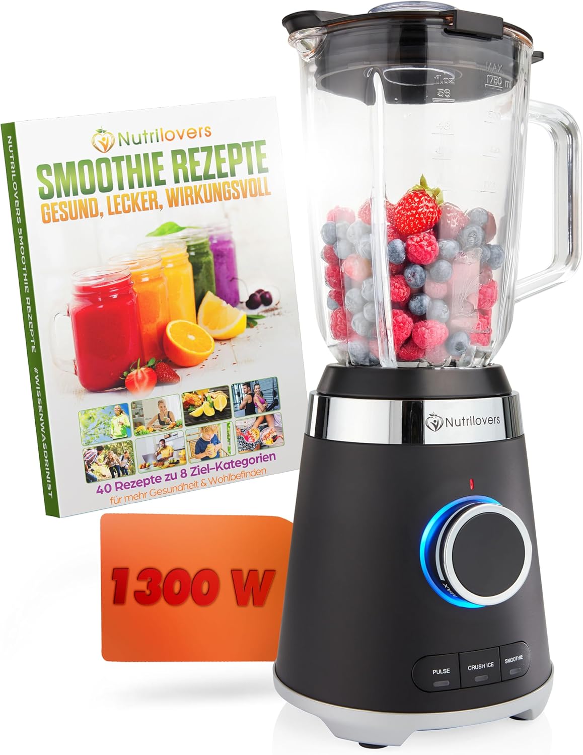 NUTRI-BLENDER GLAS Standmixer Hochleistung 1300W Hochleistungsmixer Smoothie-Maker Profi Blender, 1,75L Glasbehälter, Edelstahlgehäuse, 4 Klingen, BPA-frei, Leise, Variable Stufen, 3 Auto-Programme