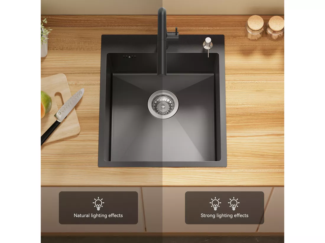 Évier Cuisine 1 Bac Gris Noir,44*49*20 CM,Lavabo Cuisine avec Distributeur Savon,Inox,Évier encastré/à Poser Évier avec Trou Montage pour Robinet