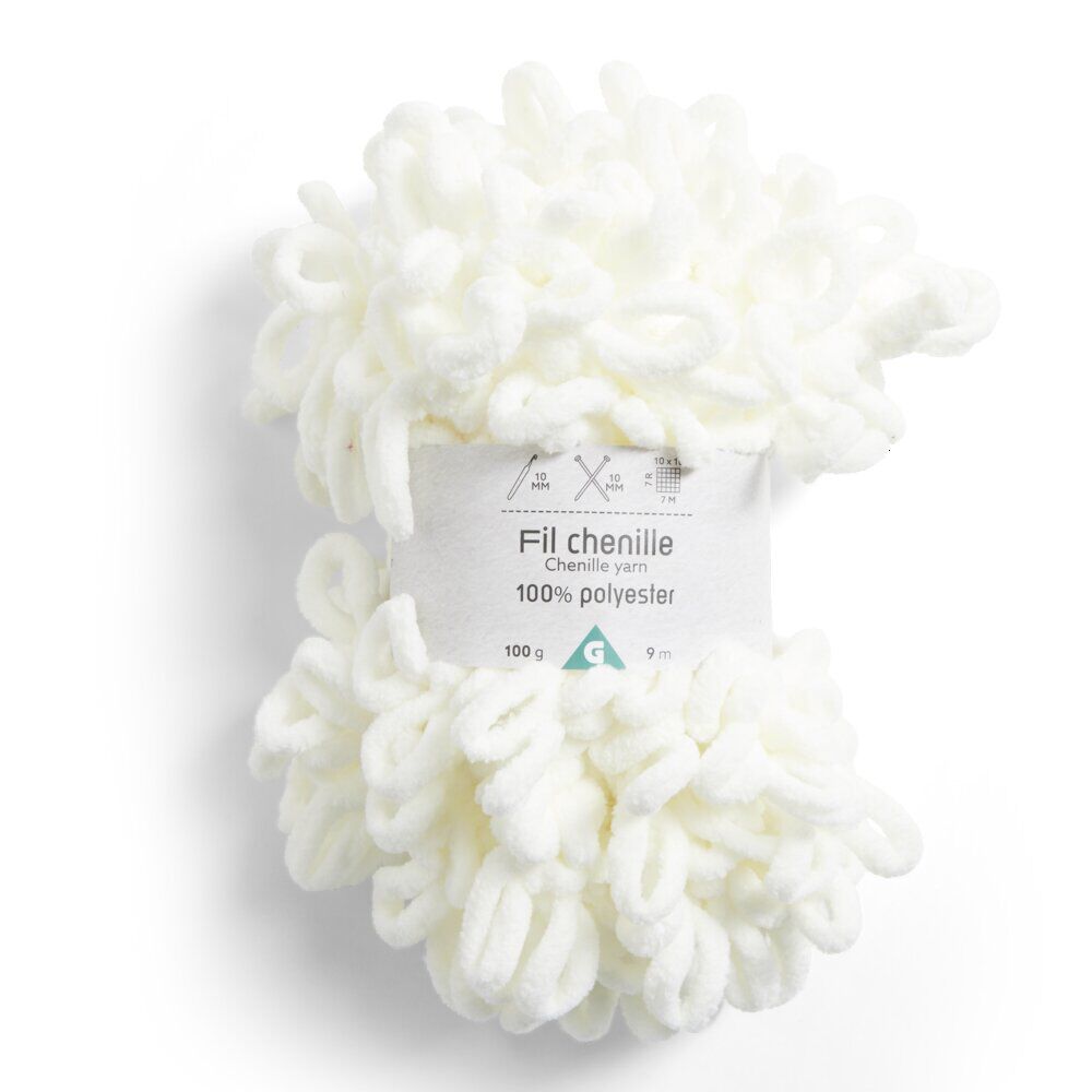 Pelote fil à tricoter 9m effet chenille polyester blanc écru 100g