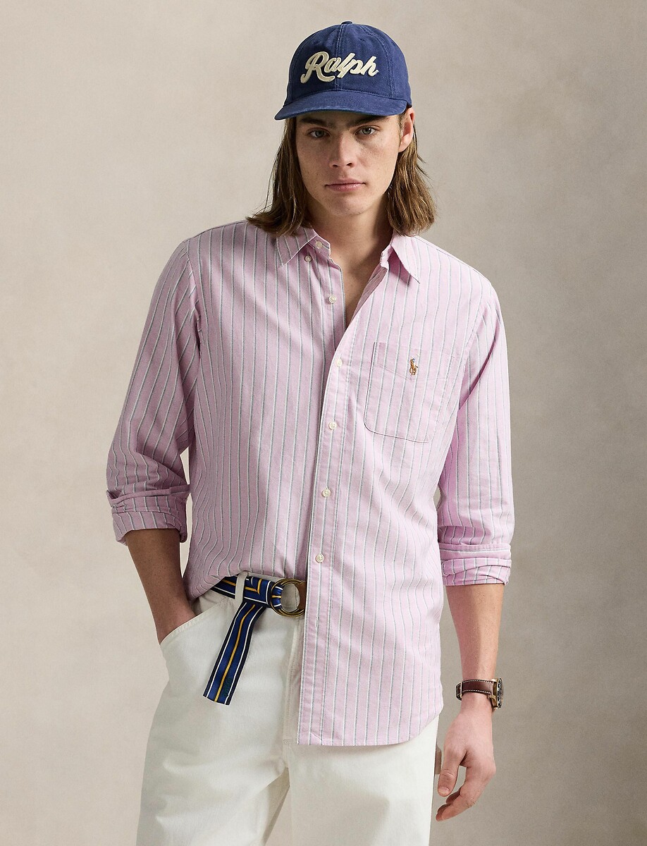 POLO RALPH LAUREN<br>Camisa reta listrada, Oxford, logotipo bordado