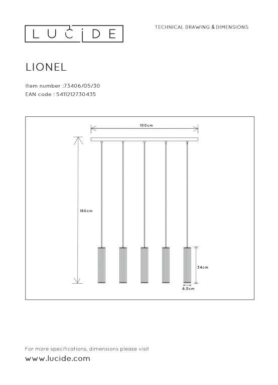 Lucide Lionel 5 cluster hanglamp lineair zwart