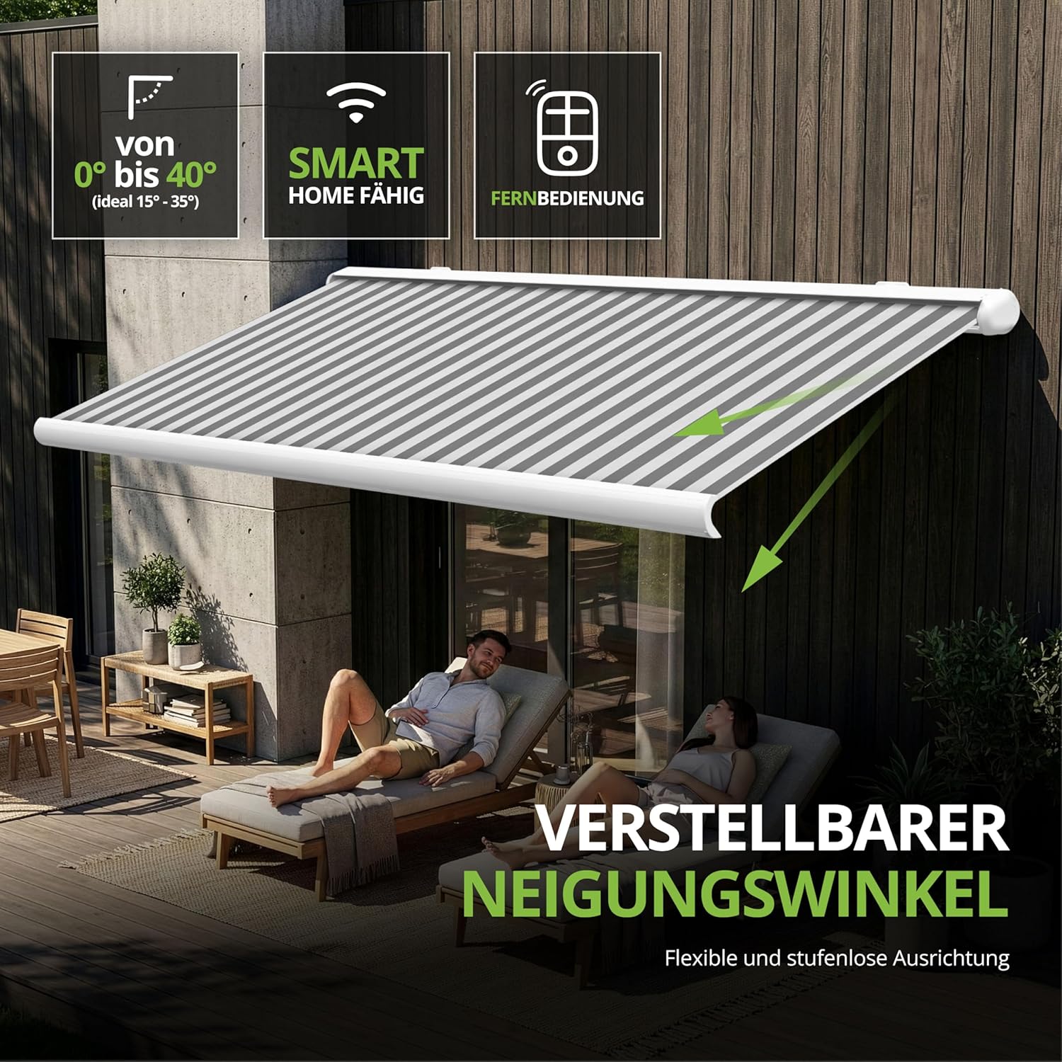 Eclipse Vollkassettenmarkise Premium elektrisch 3x2,5m Markise Balkon Terrassenüberdachung Kassettenmarkise Gelenkarm Polyacryltuch UV-Schutz 50+ Smarthome-fähiger Dooya Motor, Markisentuch: Grau-Weiß
