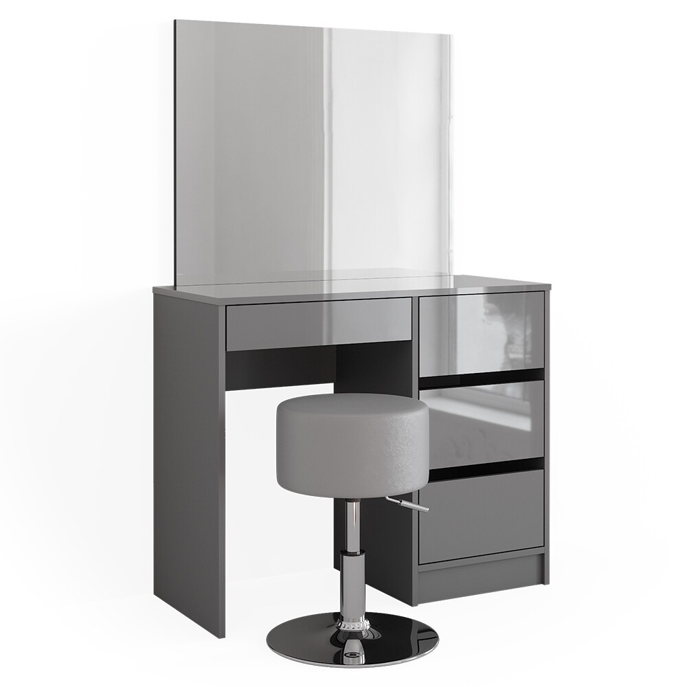 Vicco Schminktisch Sherry Grau Hochglanz, 90 x 75 cm, Spiegel, Hocker, Frisiertisch