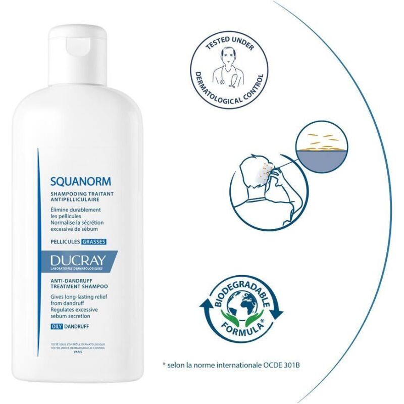 Shampooing traitant Ducray Squanorm pellicules grasses - Flacon de 200 ml
