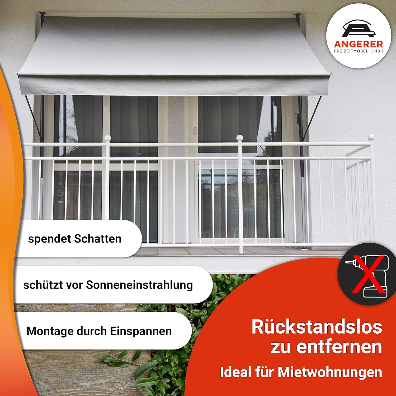 Angerer Klemmmarkise Style mit Handkurbel, Terrasse/Balkon, einfache Montage ohne Bohren, Made in Germany, hochwertiger Stoff, UV-beständig, höhenverstellbar, wasserabweisend, 300 cm Hellgrau