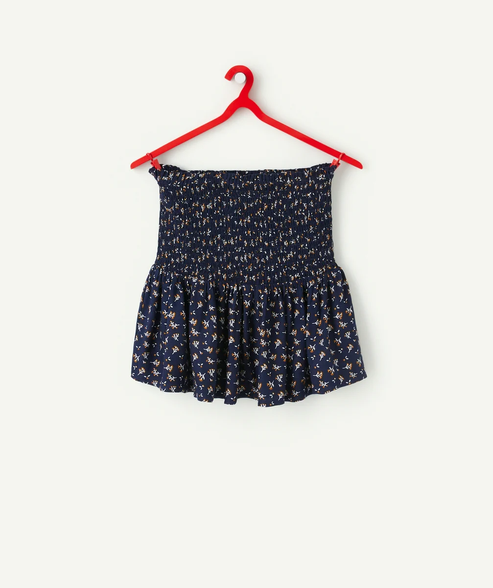 JUPE ÉLASTIQUÉE FILLE BLEU MARINE EN VISCOSE RESPONSABLE IMPRIMÉ FLEURI