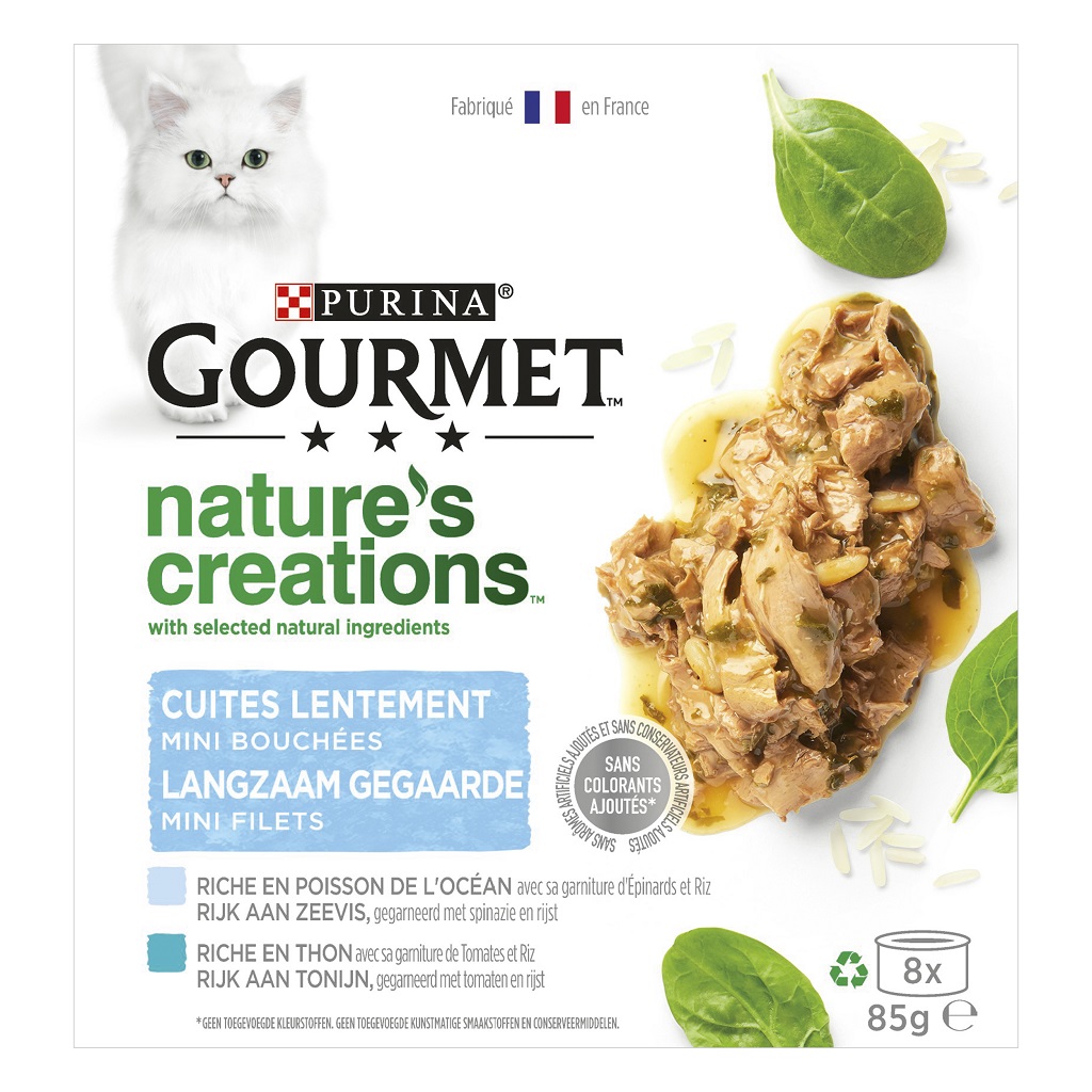 COMIDA HÚMIDA PARA GATO GOURMET NATURE'S CREATIONS PEIXE E ATUM 8X85G