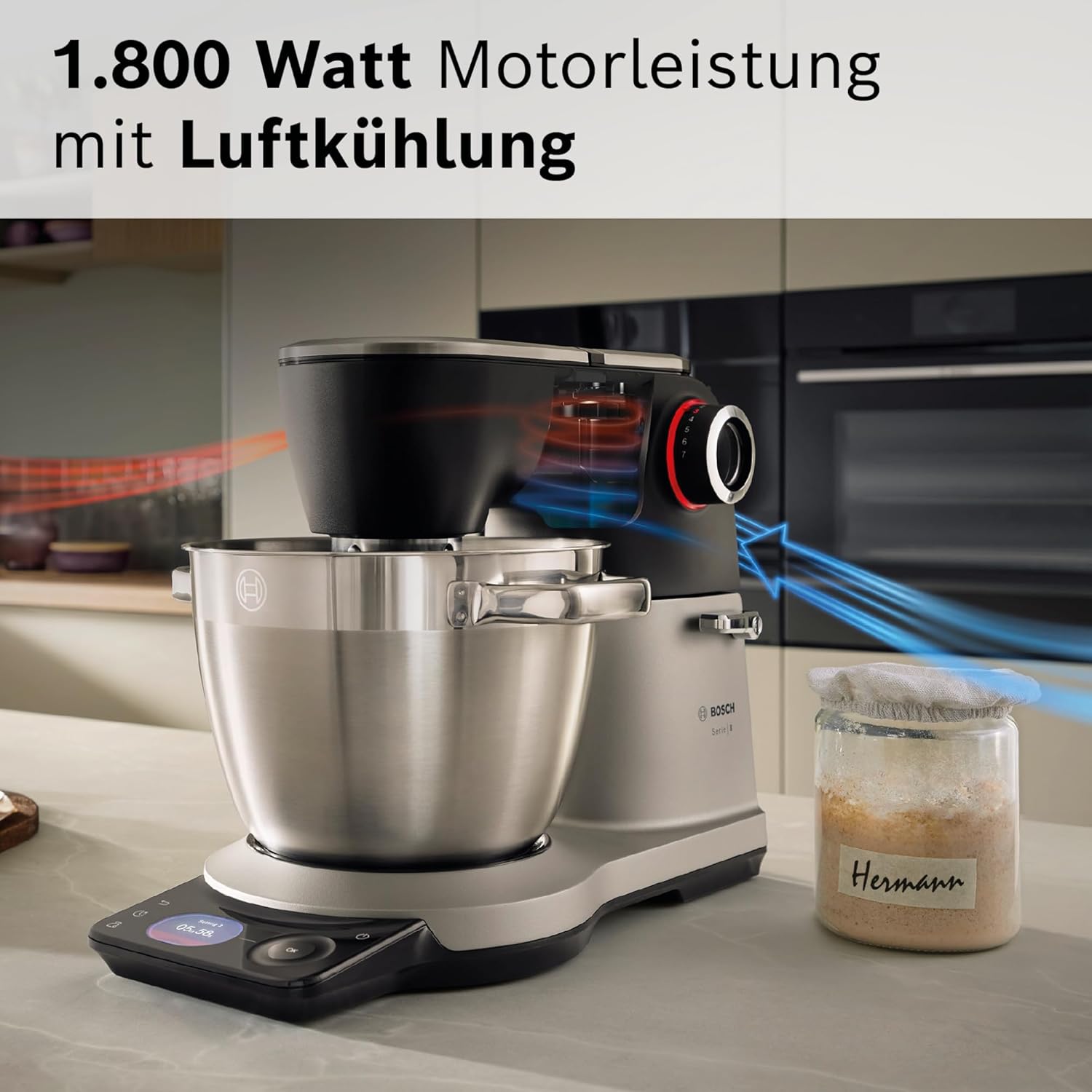 Bosch Küchenmaschine Serie 8, NEU, 9 Automatikprogramme, Waage, Timer, 7 Stufen, 6l Edelstahl-Schüssel, Knethaken, Rührbesen, Silikonbesen, spülmaschinenfest, 1.800 W, MUMS8ZS00