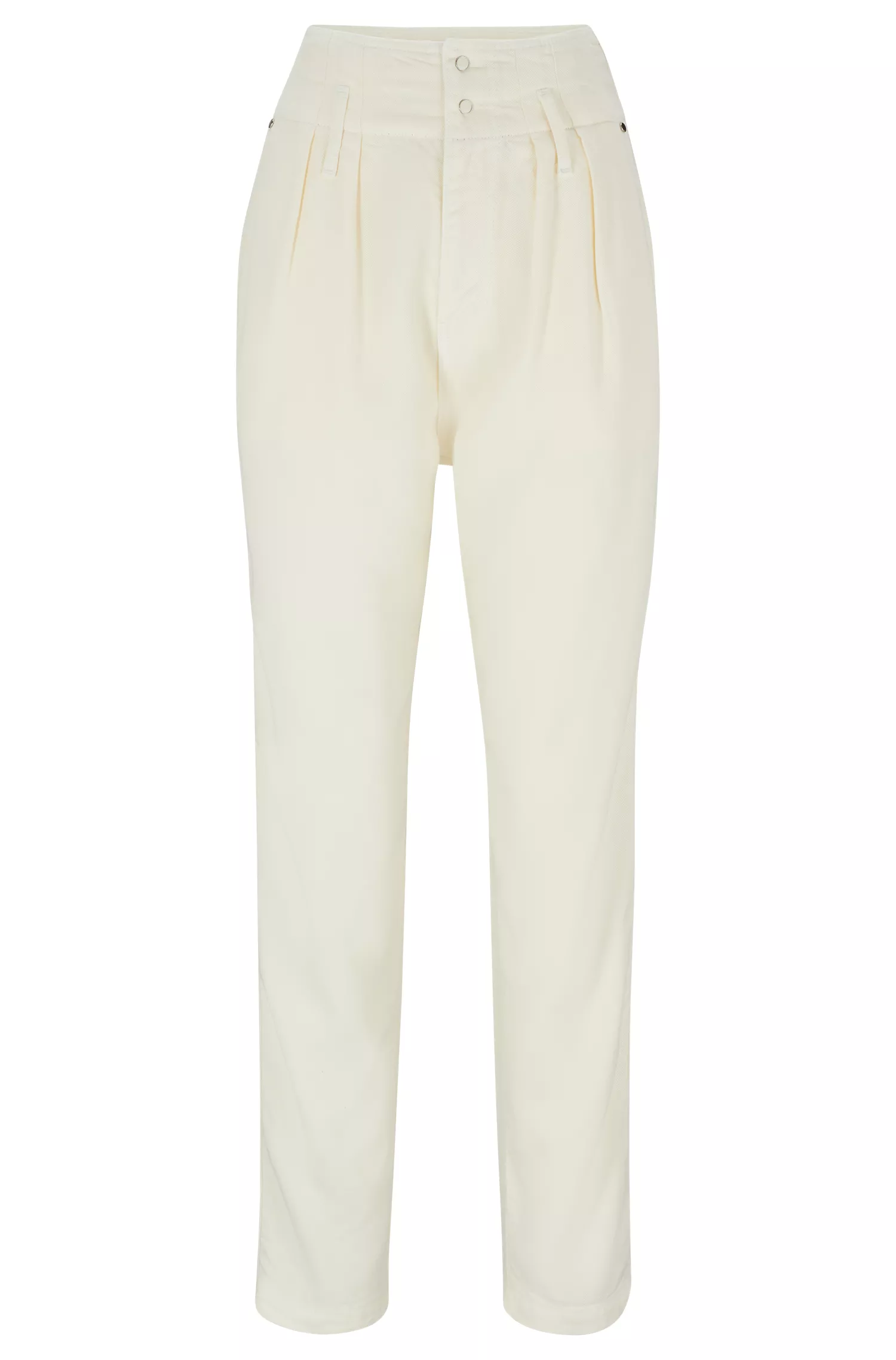 Calça BOSS preta, corte regular, com cintura plissada e pernas afuniladas.