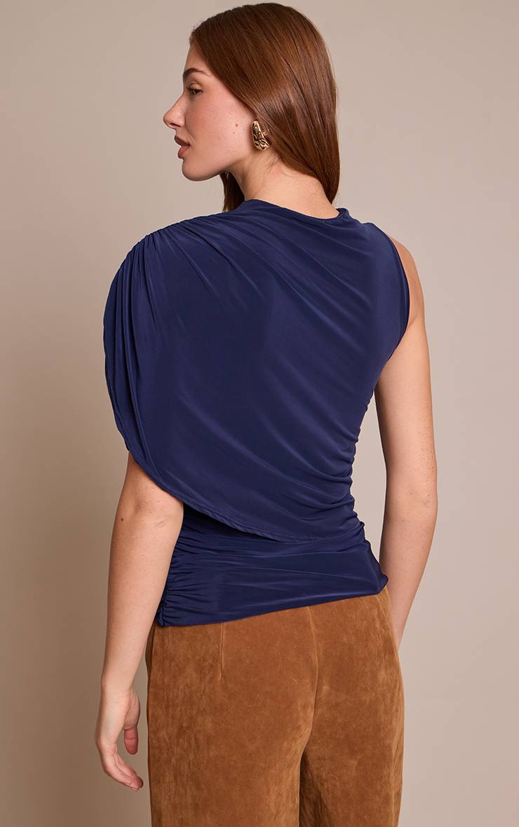 Bleu Marine Haut Long À Double Couche En Tissu Fluide Avec Détail Cape