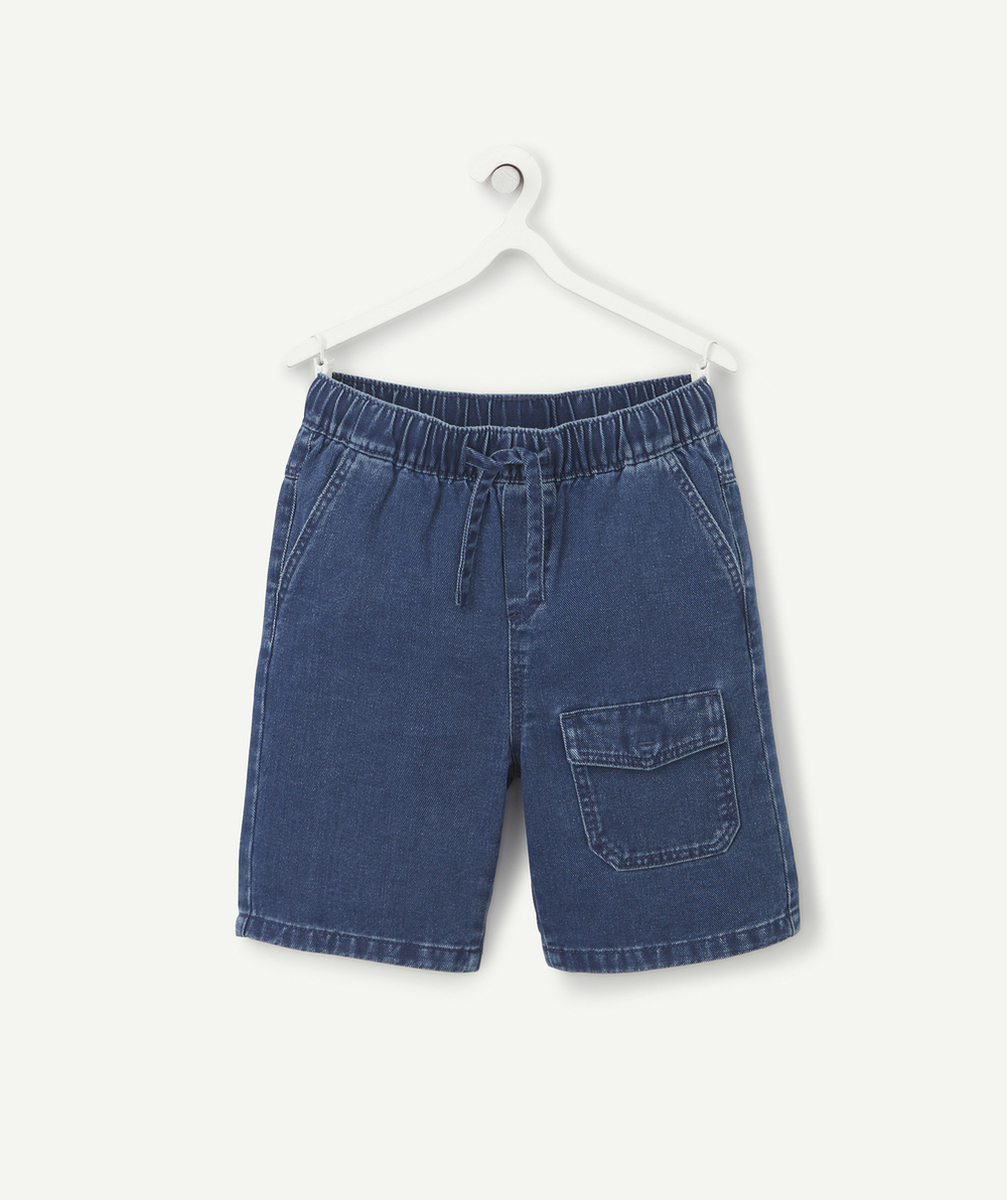 BERMUDA CARGO GARÇON EN COTON EFFET DENIM BLEU MARINE LESS WATER