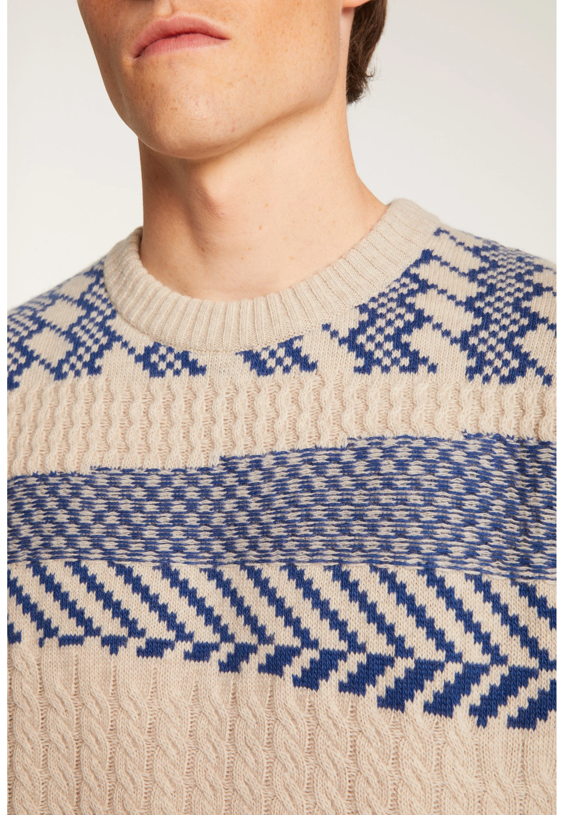 TOLEDO - Pull col rond bicolore en laine mérinos | Bleu