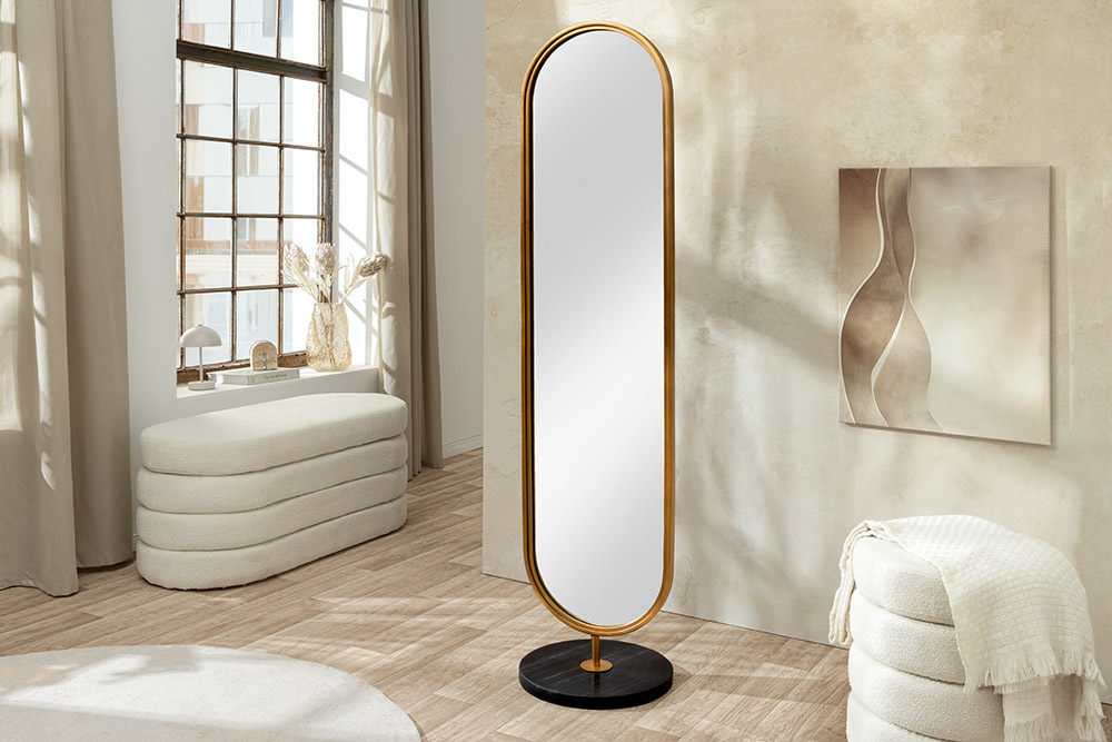 Ovaler Standspiegel PORTRAIT 175cm gold Eisen schwarzer Marmorfuß handmade