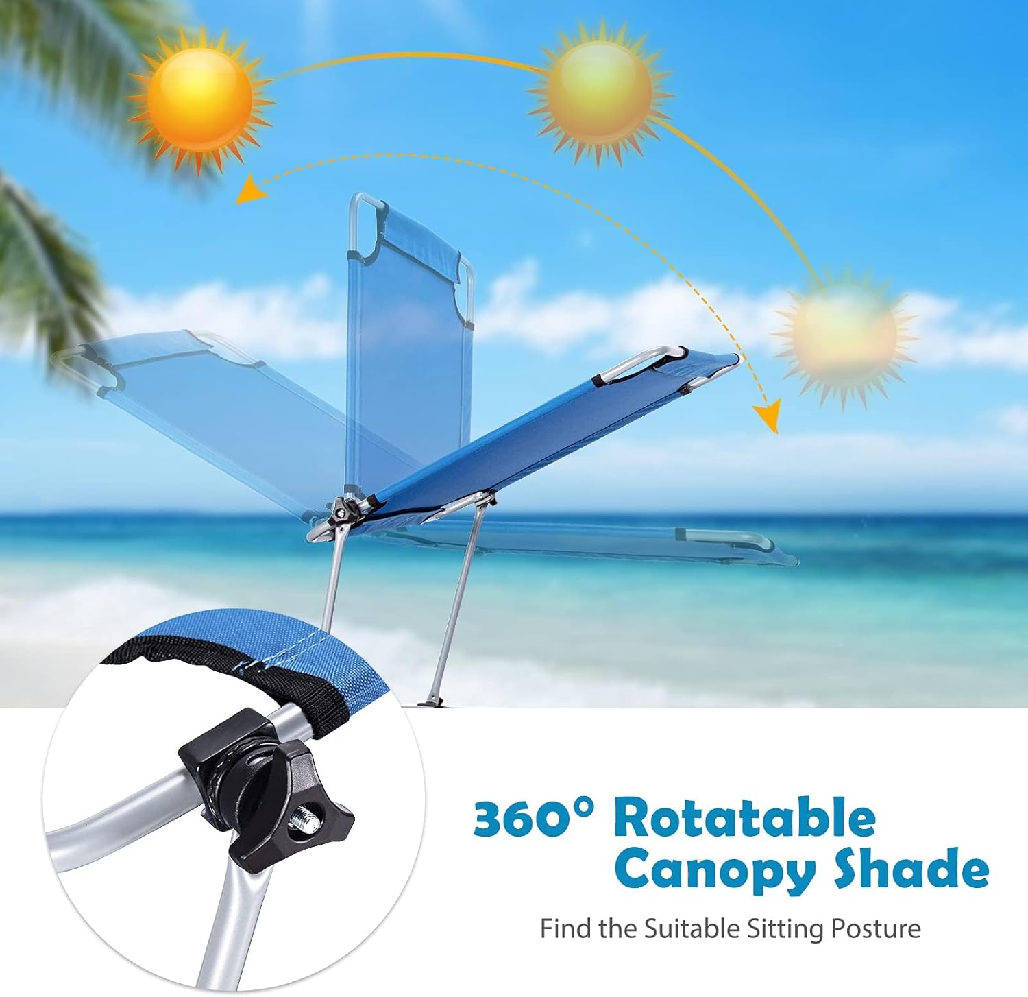 GIANTEX 2er Set Sonnenliege mit Dach, Gartenliege klappbar, Campingliege Strandliege Verstellbarer Rückenlehne, Liegestuhl mit Seitentasche, Liege Reiseliege bis 150 kg belastbar Relaxliege (Blau)