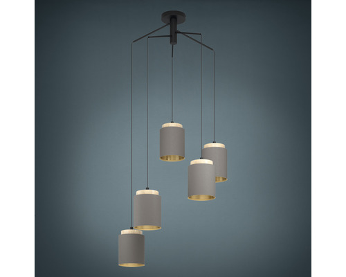 Hanglamp, 5-lichts, HxØ 110x70 cm, zwart/licht hout, cappuccino kap, gouden binnenkant
