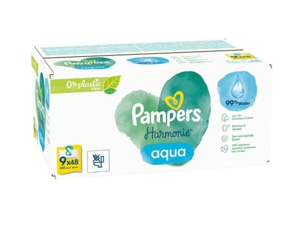 Pampers Harmonie Aqua våtservietter 0% plast 9x48 stk.