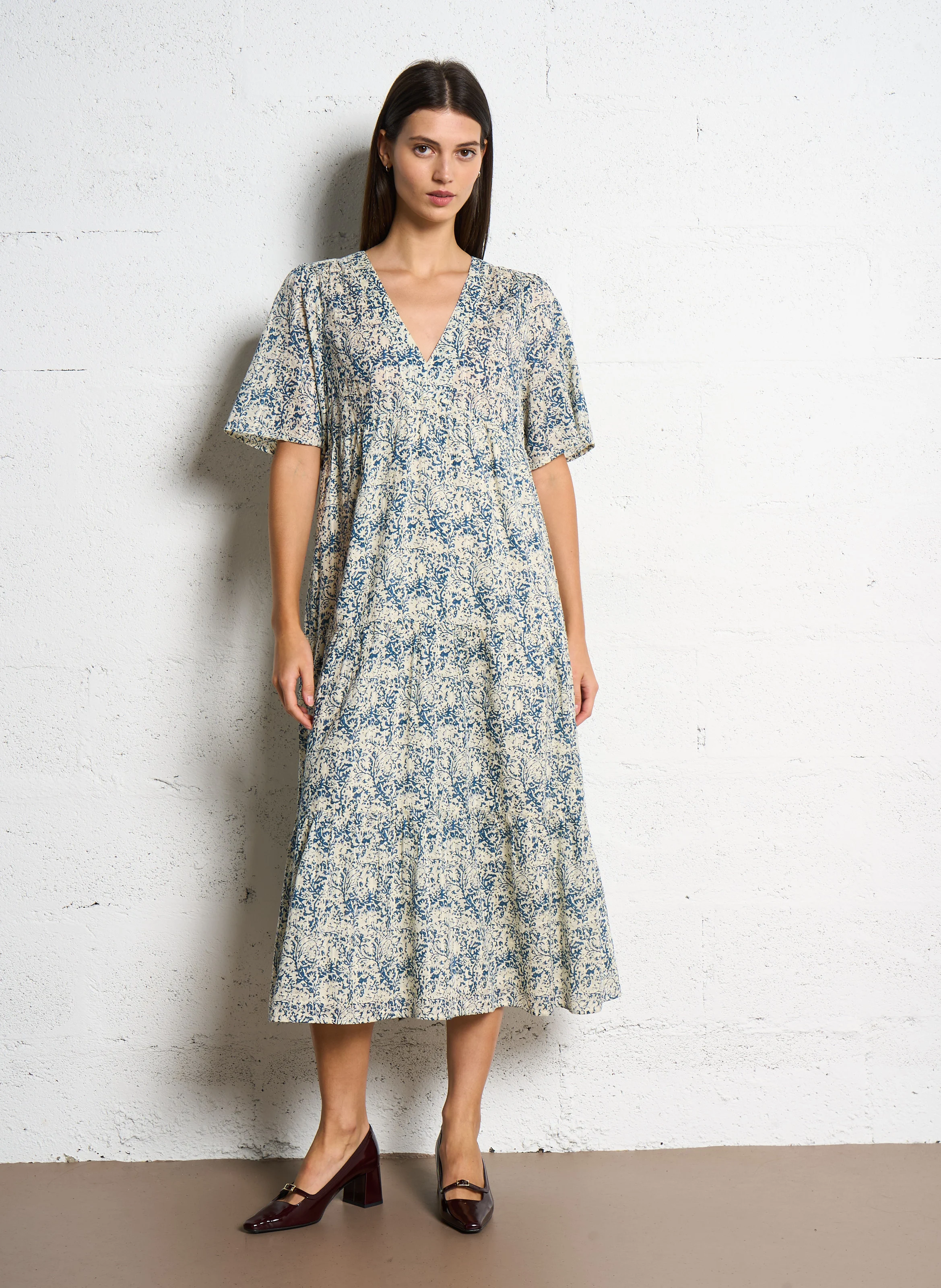 MAY - Robe longue col V en coton mélangé | Bleu