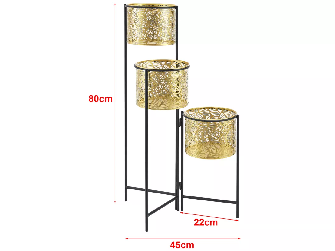Support de plante (à 3 cache-pots) Verrebroek métal laiton noir [en.casa]