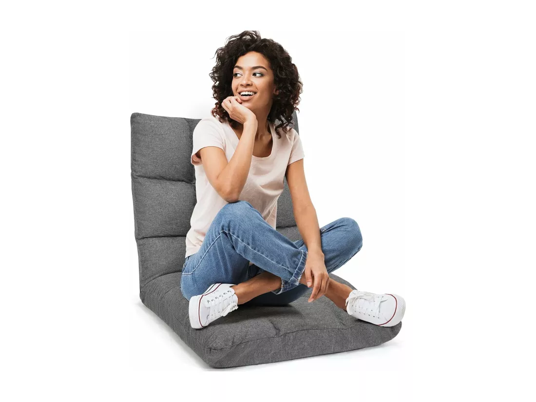 Chaise de Sol pour Méditation - 14 Positions Réglable Cadre en Acier Robuste Tissu en Coton et Lin Respirant,Housse Amovible et Lavable Idéal pour Salon et Salle d'étude (Gris)