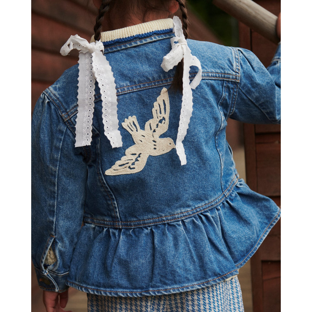 Køb COPENHAGEN COLORS Indigo Blue Washed Denim Flæse Jakke W. Crochet Doves