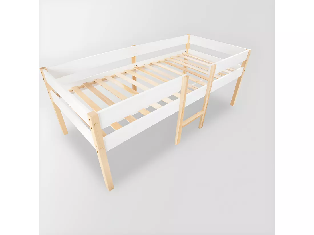 Lit mezzanine avec barrières de sécurité - en bois de pin massif - 90x200 cm - Blanc
