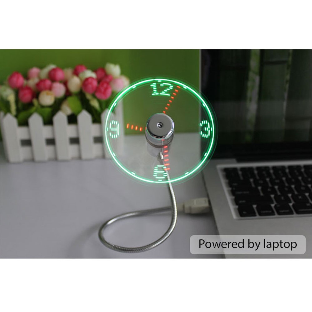 (41x9cm) Flexibler Mini USB Ventilator Schwanenhals Lüfter mit LED Uhrzeit Anzeige - Silber
