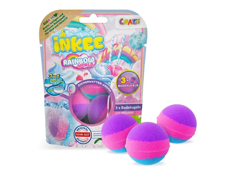 Craze Badekugel Inkee Rainbow World 3 Stück Überraschungs-Badebomben für farbenfrohe Schaumbäder