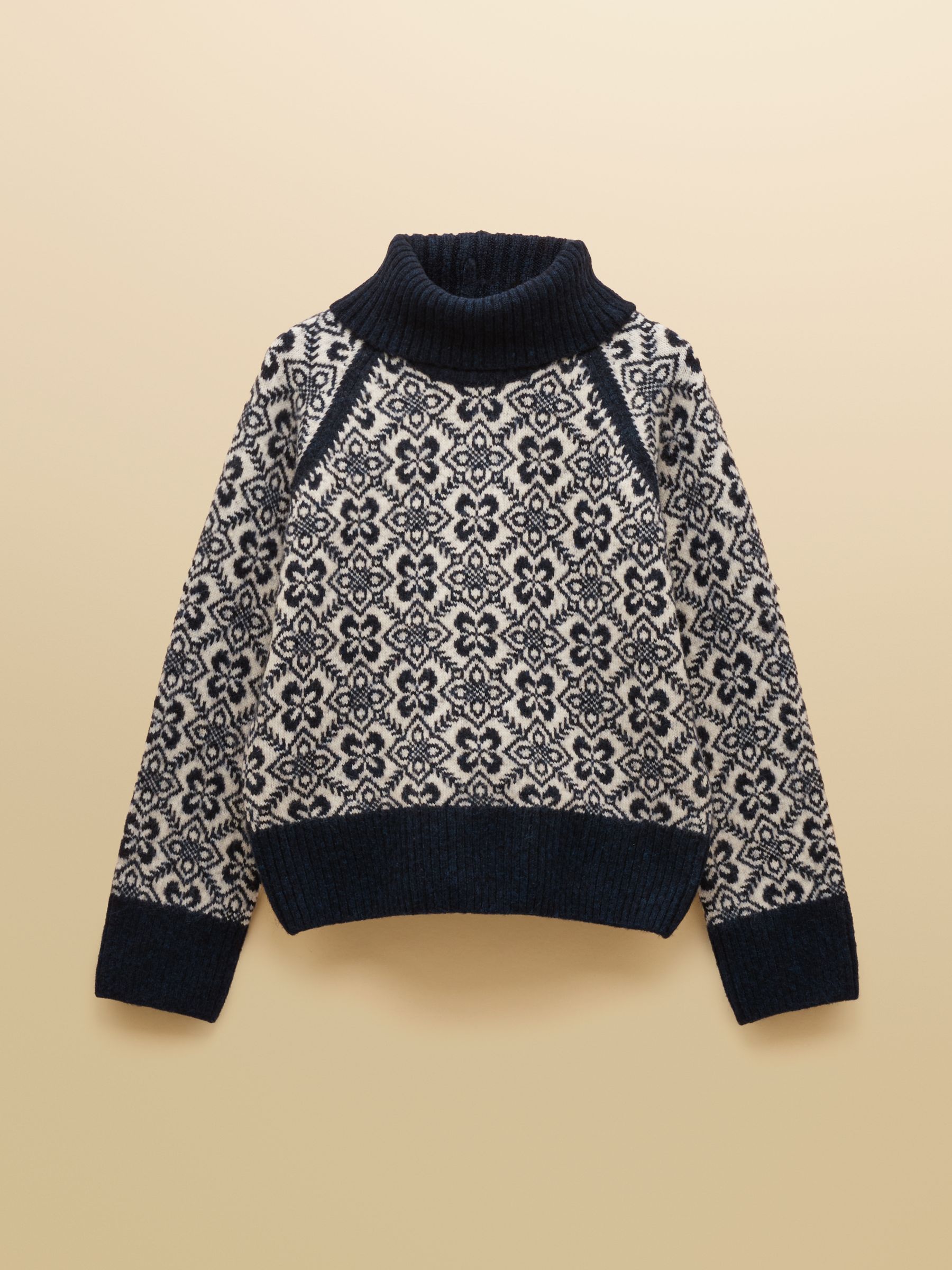 Marineblauw en crème - Joules Addison Patterned Knitted Jumper with Detachable Roll Neck