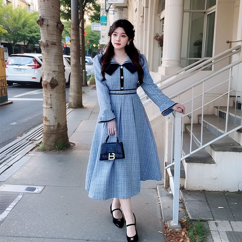 Krezol - Plus Size Lange Mouwen Matrozenkraag Contrasterende Bies Tweed Midi A-lijn Jurk