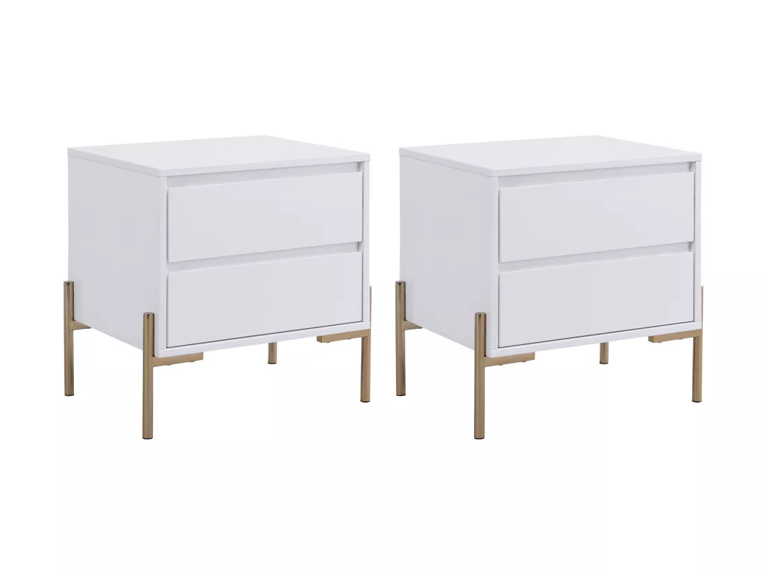 Lot de 2 tables de chevet avec 2 tiroirs - MDF et métal - Blanc laqué et doré - KORASA de Pascal Morabito