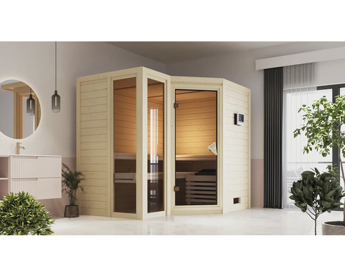 Karibu Tamara modulaire sauna zonder oven, met dakkroon en gebronsde volledig glazen deur