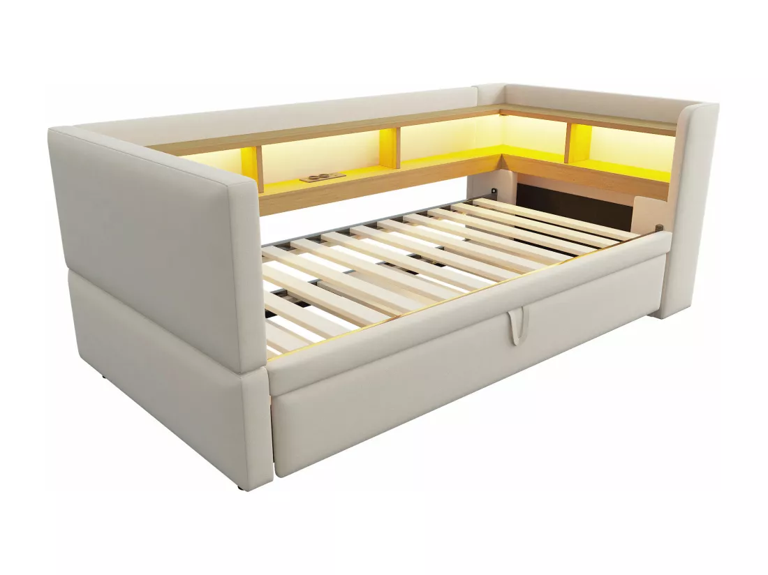 Canapé convertible capitonné 90/180x190 cm - avec éclairage LED - avec prise - multiples rangements - beige (matelas non inclus)