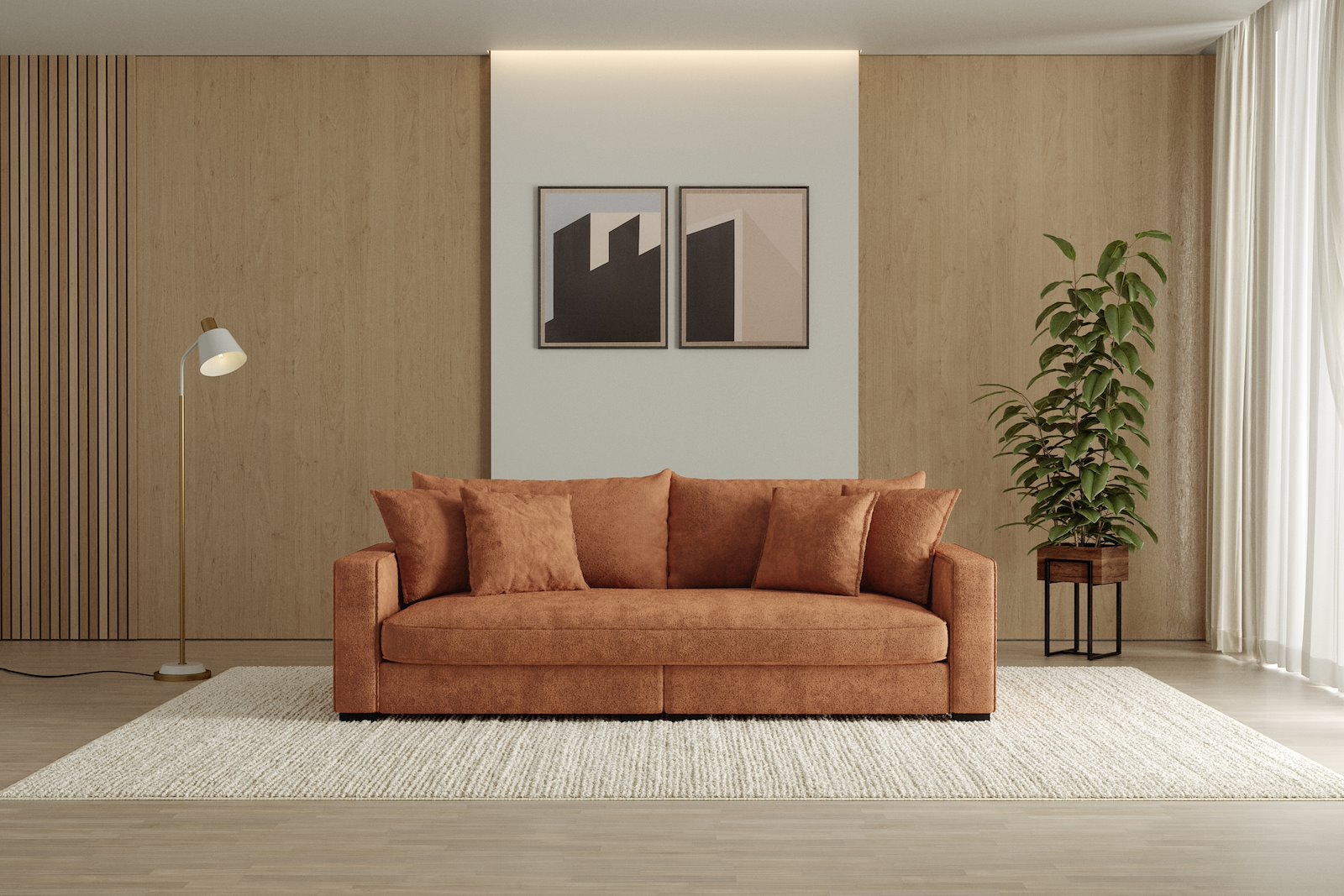 Rossi 3-seter sofa (1 setepute) Tekstil Genesis 9 Deep Terra, arm B med sorte ben. Std. Komfort.