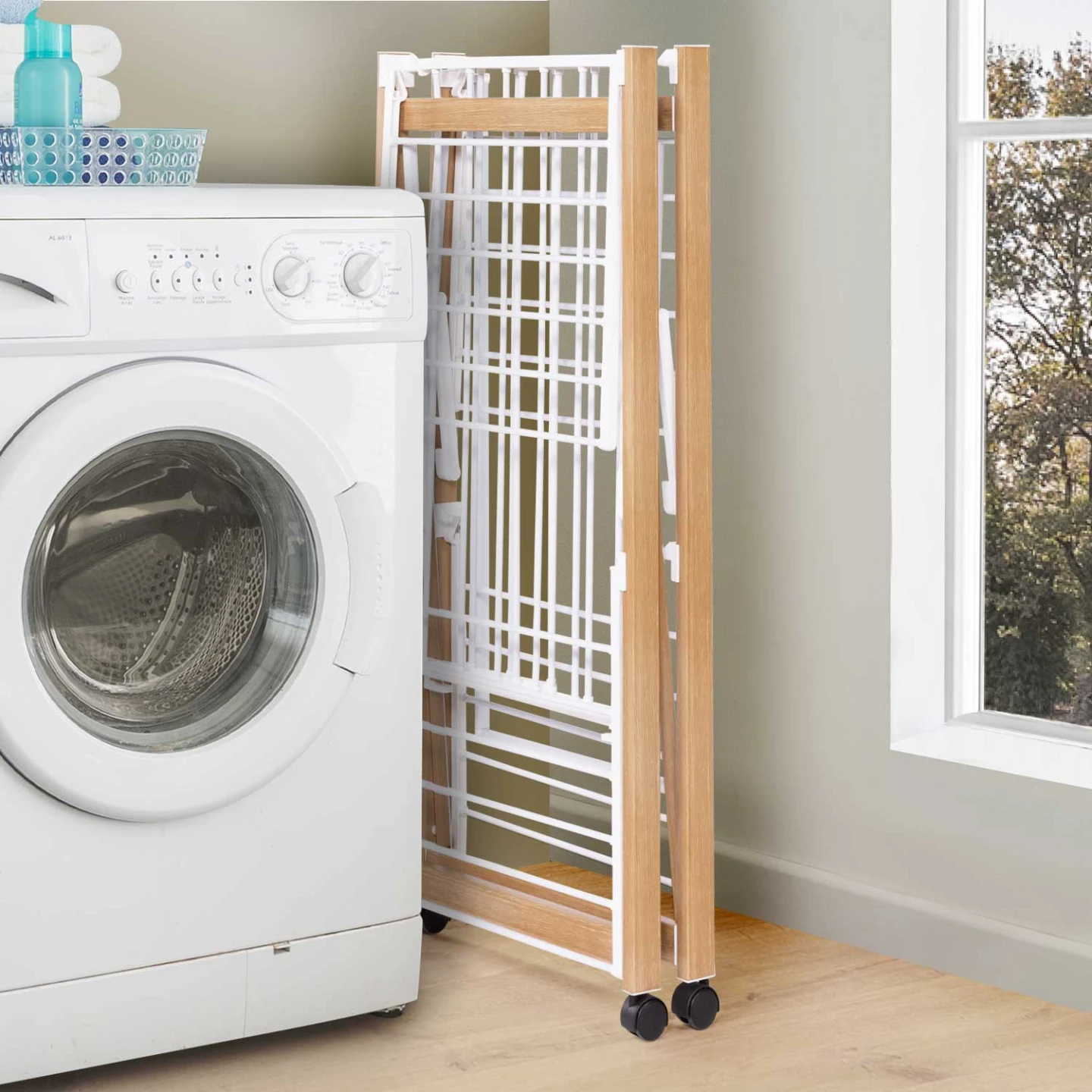 Séchoir à linge pliable DELUXE capacité 22M avec tringle blanc et effet bois