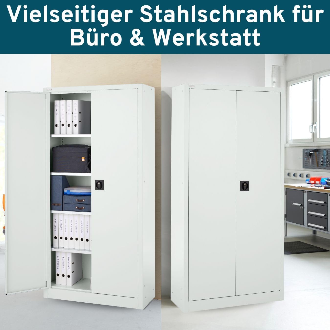 Werkzeugschrank abschließbar, Aktenschrank aus Stahl, Schrank mit Schloss, Werkstatt Schrank, Stahlschrank mit Türen, 95 x 40 x 193,5 cm, Büroschrank lichtgrau
