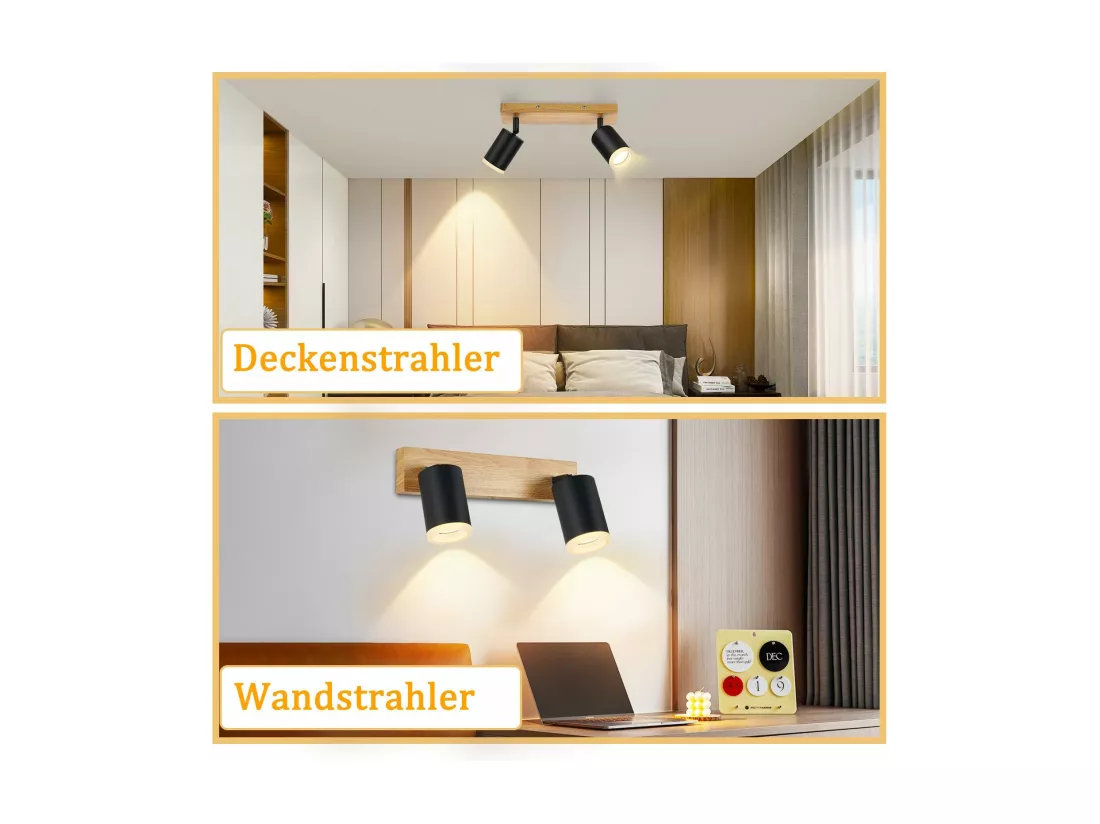 NETTLIFE Spot de plafond noir GU10 spot mural en bois vintage pivotant sans ampoule orientable à 350° industriel