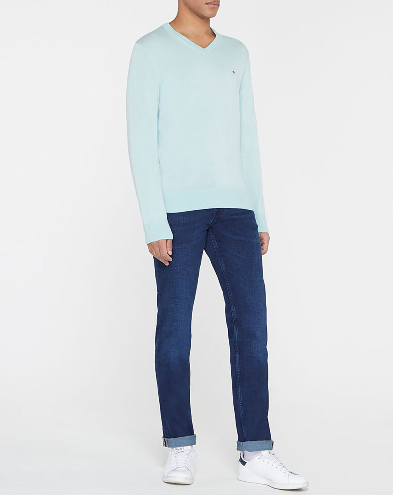 Tommy Hilfiger Pull col V en Coton Bio & Soie céladon