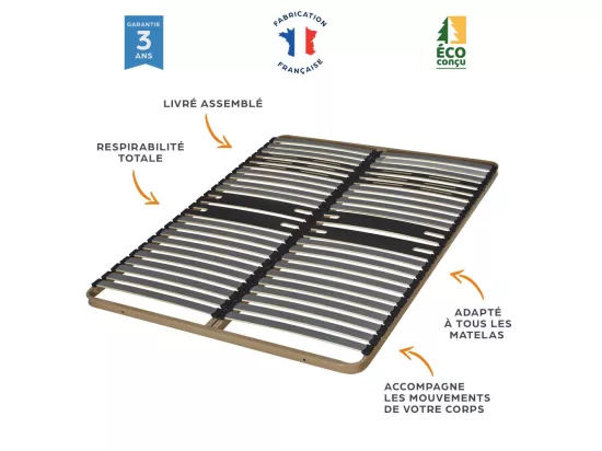 Sommier à lattes + pieds 90x200 C322 - 23 lattes bois - Fabrication française