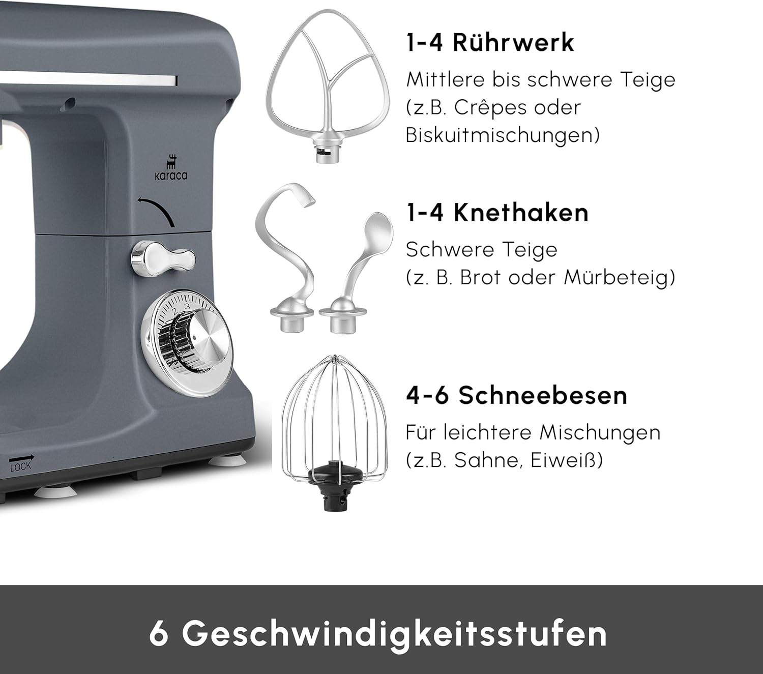 Karaca Blendburst Küchenmaschine, 6-stufige Geschwindigkeitsregelung, 5,7L Edelstahl-Schüssel, Doppelte Knethaken, Schneebesen, Flachrührer & Teighaken, Rutschfester Stand, Grau, 1400 W