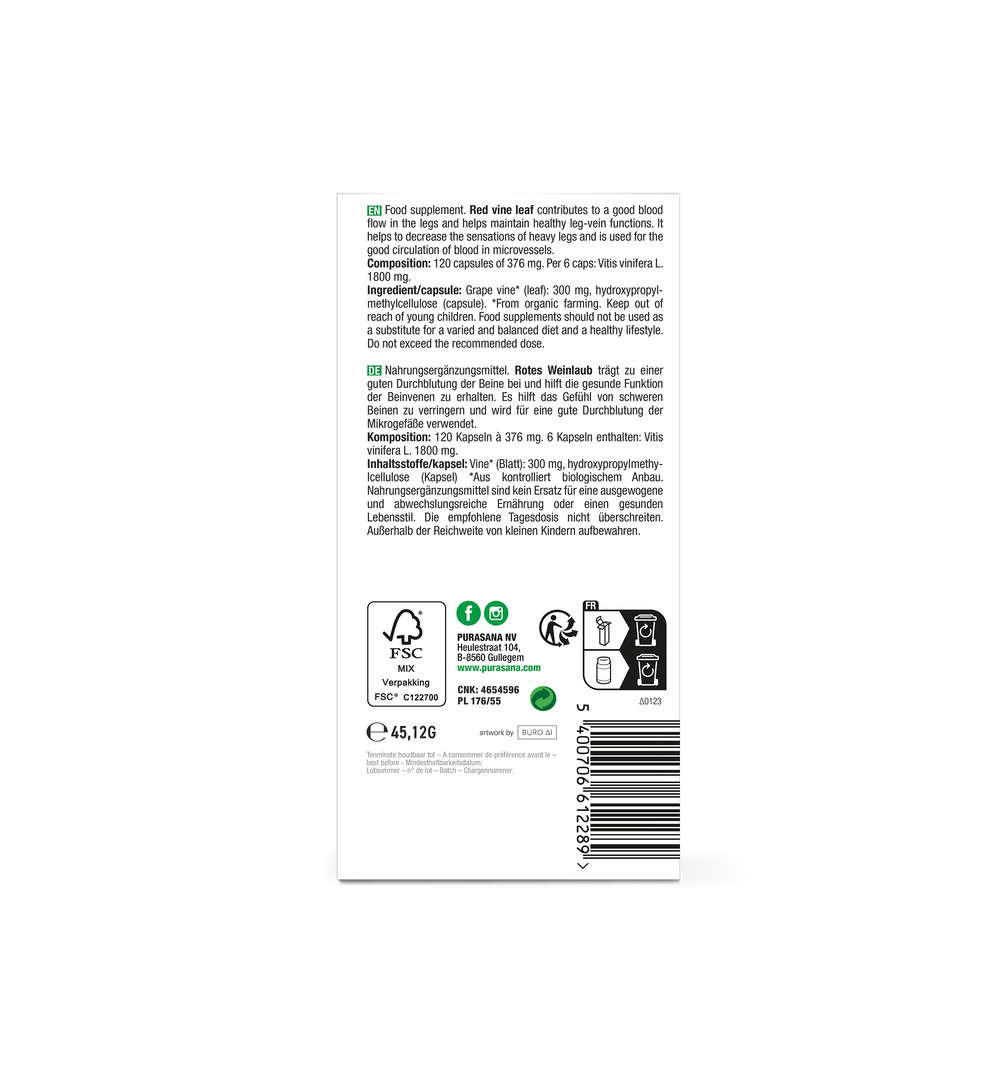Purasana Rode Wijnstok/Vigne Rouge Vegan Bio (120 vega capsules)