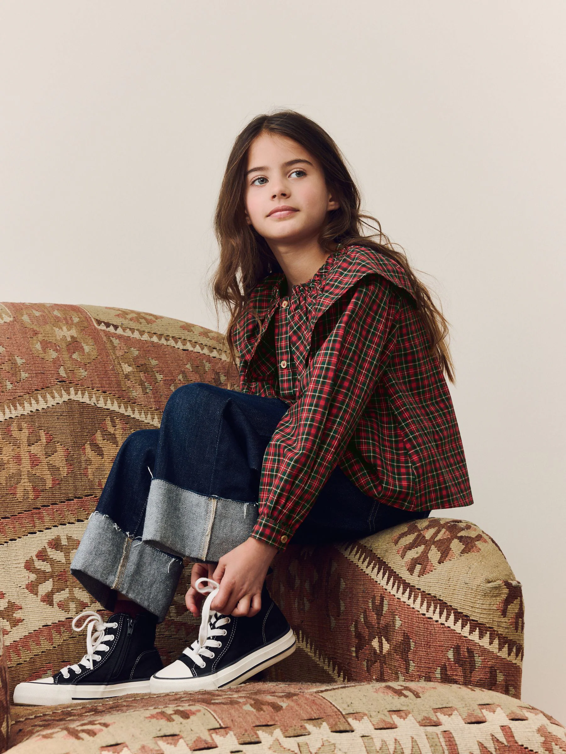 Rood - Geruite blouse met ruches aan de kraag (3-16jaar)
