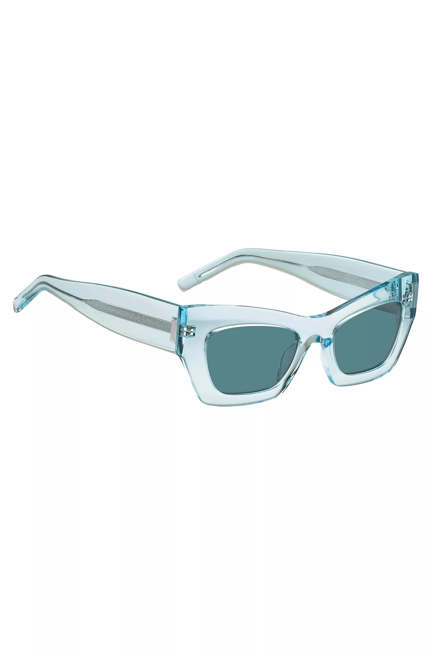 Óculos de sol BOSS em acetato preto e azul com detalhes exclusivos.
