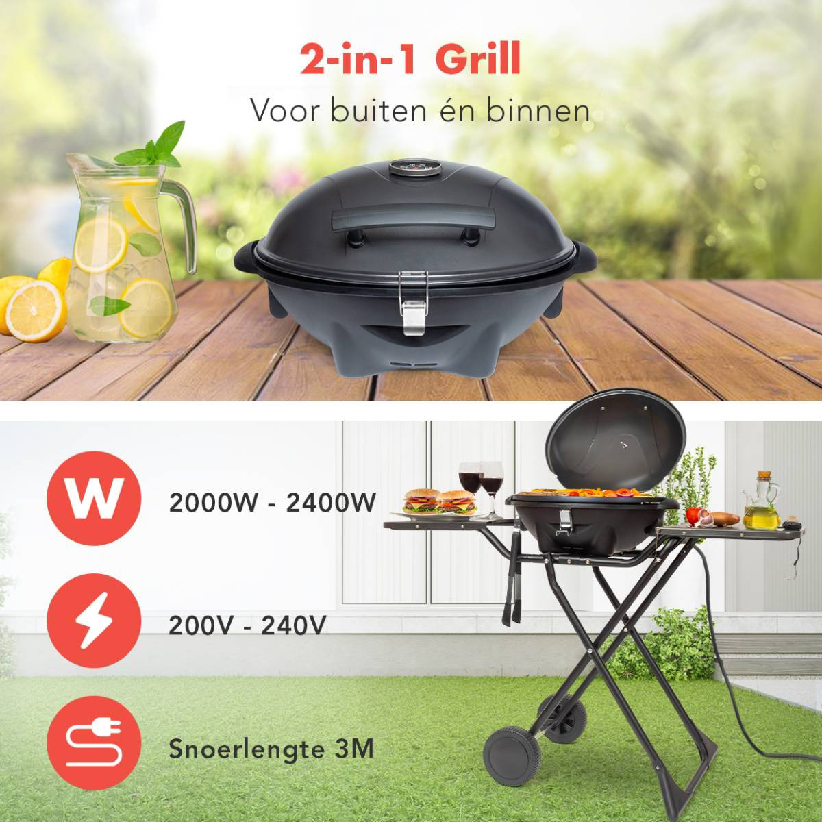 KitchenBrothers 2400 watt elektrische barbecue met wielen