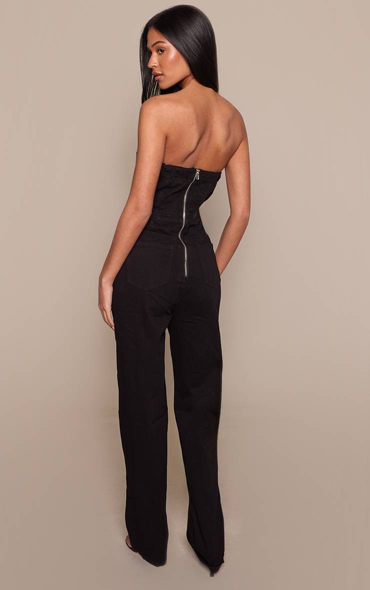 Noir Combinaison Tall En Denim À Jambe Droite Et Bustier Bandeau
