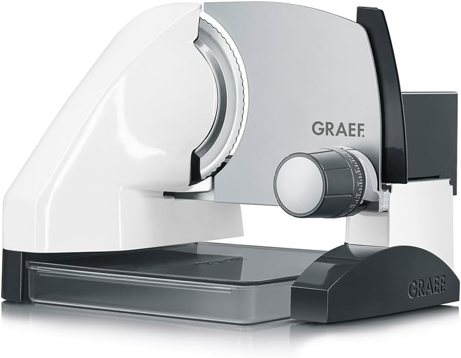 GRAEF. Allesschneider S50001 weiß mit Edelstahlmesser Ø 170 mm, Aufbewahrungsbox & MiniSlice-Aufsatz, stufenloser Schnittstärke, zentrale Bedieneinheit, erhöhter Bauweise, schnelles Schneiden, leise