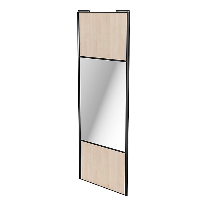 Porte de placard coulissante avec miroir effet chêne clair profil noir GoodHome Arius H. 248,5 x L. 92.2 cm + amortisseurs