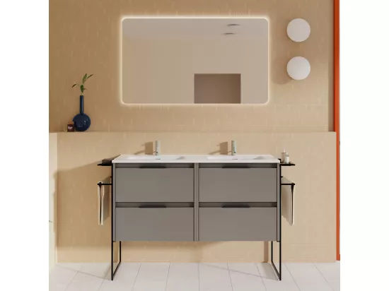 Meuble salle de bain double vasque en bois et métal KEIKO largeur 120 cm fumé sablé