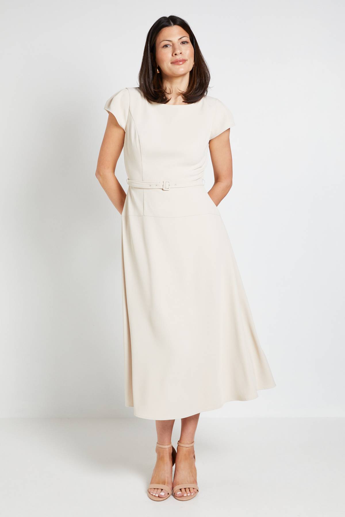 Wallis Robe Midi En Crêpe À Manches Courtes Avec Ceinture