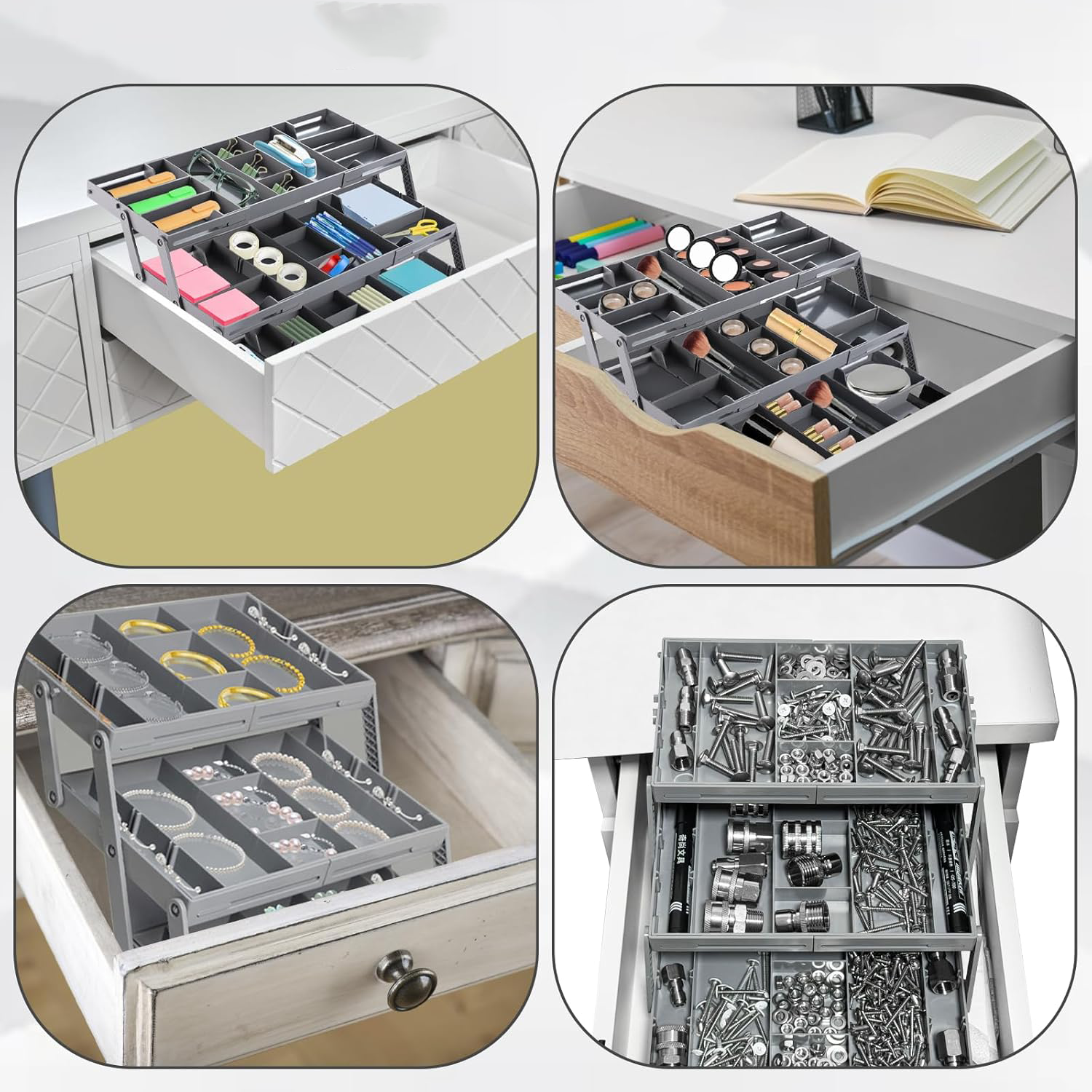 (245-400mm) Universal Schreibtisch Organizer Ausziehbarer Schubladeneinsatz Mehrstufiger Büro Kasten mit 3 Ebenen - Grau
